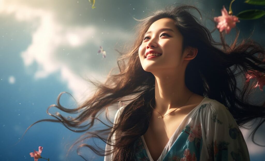 アジア人女性真夏の空の美しさ